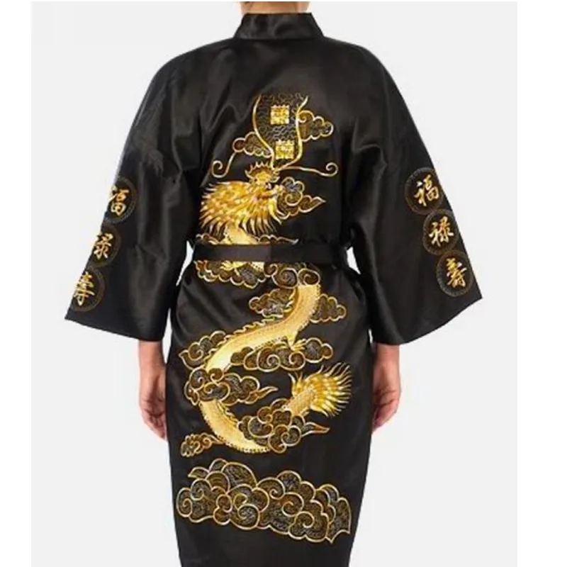 Темно-синий китайский Мужской Атласный шелковый халат с вышивкой кимоно банное платье Ночная рубашка с драконом Размеры S M L XL XXL XXXL - Цвет: Черный