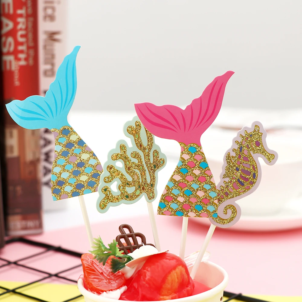 

1set Cupcake Toppers Biling Gold Pink Silver Star Fishtail Shell Starfish Seahorse Mermaid Cake Topper for Party Decoration