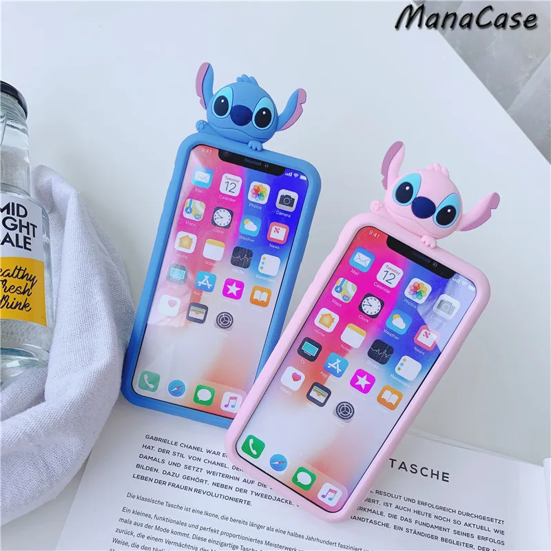 

Cute 3D Kneeling Stitch Rotate Bracket Phone Case For iPhone X XS MAX XR 6 6s 7 8 Plus For Soft Silicone Back Cover Cases