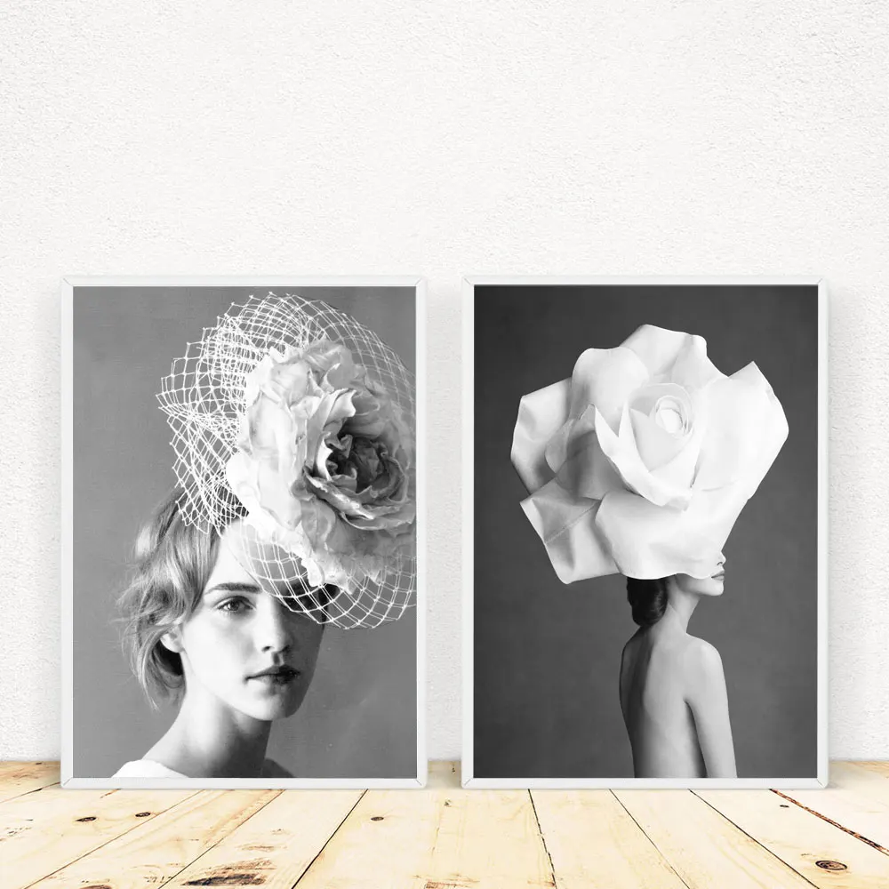 Скандинавские плакаты и принты черно-белый цветок девушка портрет стены искусства холст картины для гостиной фото домашний декор - Цвет: 2pcs set