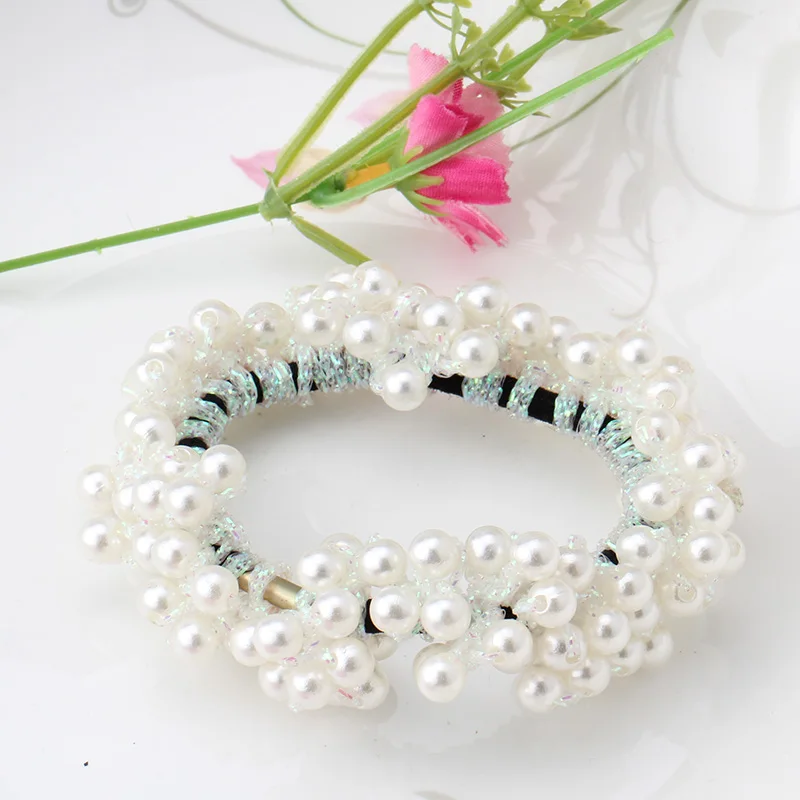 

New Korean Style Women Hair Accessories 3 Colors Pop Elastic Pearls Beads Hair Band Rope Scrunchie Ponytail Holder Hair Band
