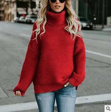 Свитер для женщин, свитер для женщин, трикотажный свитер с высоким воротом, теплый женский свитер, Однотонный женский вязаный пуловер с длинным рукавом и сеткой - Цвет: Красный