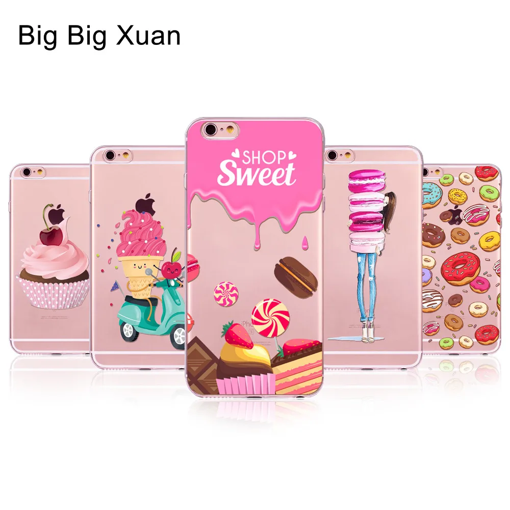 For iPhone 6 6s 5 5S SE 5C 6Plus 6sPlus 4 4S Phone Case Cover Rainbow Color Food Hamburger Donuts Macaron Pattern Fundas Celular