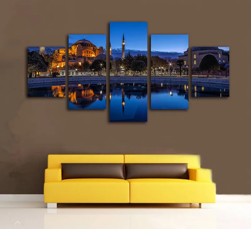 5-Panels-New-Fashion-Blue-Night-Sultan-Ahmed-Mosque-Istanbul-Canvas-Painting-for-Home-Living-Room