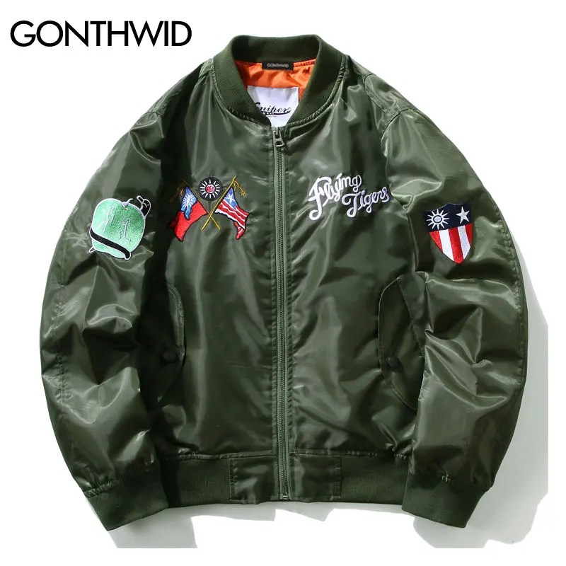 Мужская куртка пилот GONTHWID MA1 тонкая бомбер с вышивкой тигра армейский зеленый