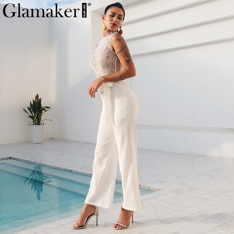 Женский прозрачный кружевной комбинезон Glamaker белый длинный без рукавов с поясом