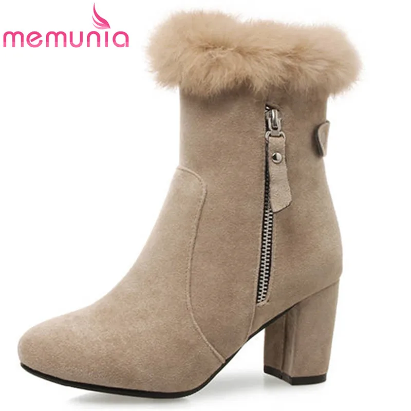 

MEMUNIA 2018 large size 33-43 round toe flock female shoes zipper winter ladies boots solid color ankle boots high heels shoes