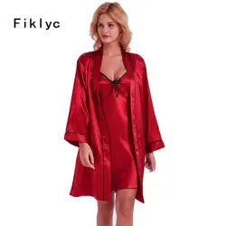Fiklyc бренд весна женский длинный рукав халат и платье наборы для ухода за кожей Роскошные двойка халат + лук ночная рубашка для женщи