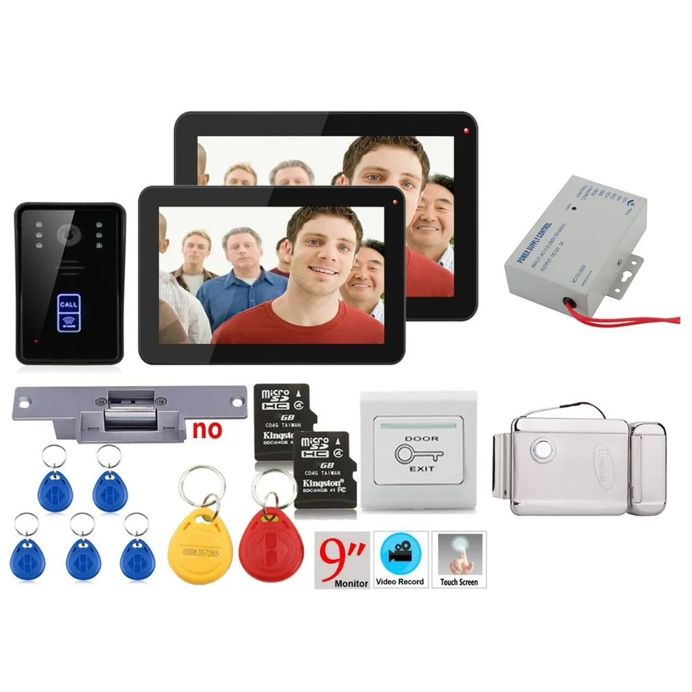 

Home Security 9 inch Recording RFID 900TVL Color Video Door Phone Intercom Kit Rainproof Night Vision 8G TF Card+Electric Strike