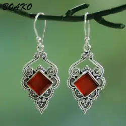 BOAKO тайский серебряный Висячие серьги для женщин Boho себе серьги красный натуральный камень S925 длинные Висячие Серьги pendientes