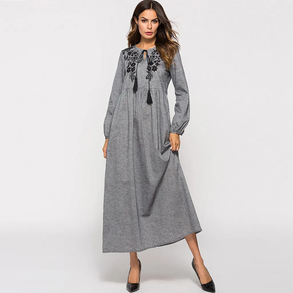Женское мусульманское платье макси Abayas с длинным рукавом и вышивкой в арабском