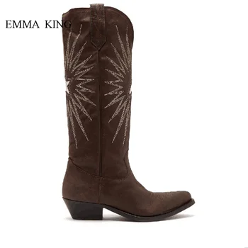 

Ladies Retro Style Chunky Heels Knee High Boots Brown Electric Embroidery Leather Long Riding Boots Autumn Winter Shoes Woman