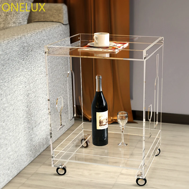 (KD Packed) Clear Acrylic Small Sofa Table On Wheels,Rolling Lucite Occasional End Corner Tea Tables - 40W-33D-53H CM (KD Packed) Clear Acrylic Small Sofa Table On Wheels,Rolling Lucite Occasional End Corner Tea Tables - 40W-33D-53H CM