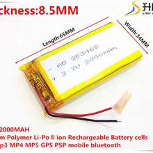 Li-po 3,7 V 2000 mAh 853465 литий-полимерный Li-po li ion Перезаряжаемые Батарея клетки для Mp3 MP4 MP5 gps мобильного телефона