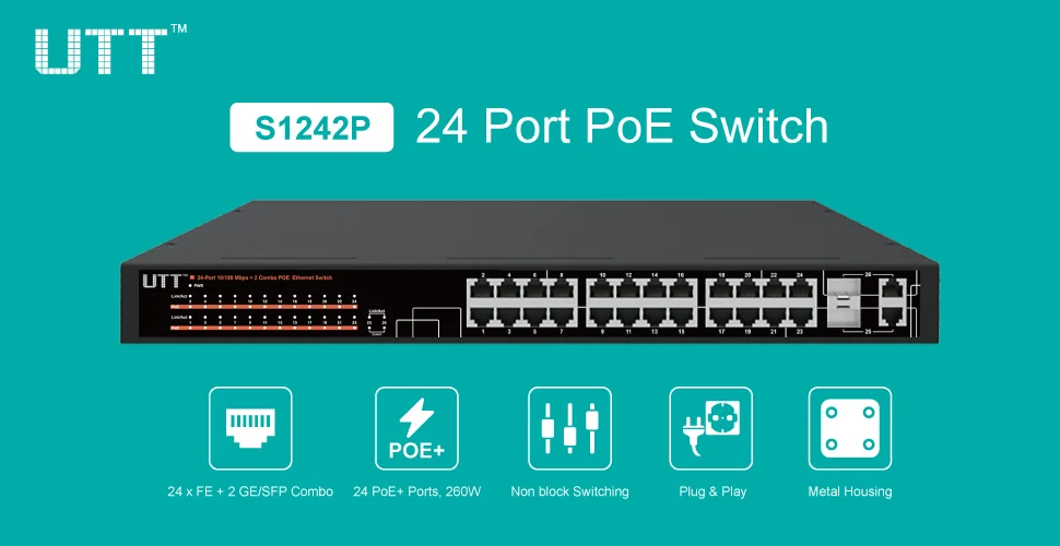 UTT S1242P 24-портов неуправляемый Fast ethernet POE коммутатор, 24 портов POE 260 Вт, 802.3af/at, плюс 2 GE Комбинированных Портов