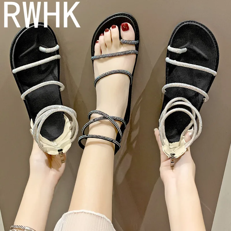 

RWHK Roman sandals female summer 2019 new rhinestone straps Korean version of the flat toe student beach shoes B125
