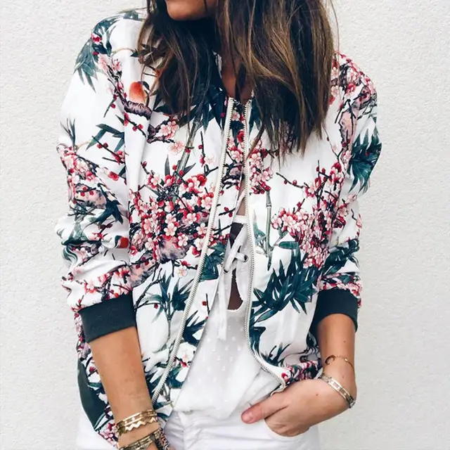 US $9.00 Outerwear & Coats Jackets Womens Ladies Retro Floral Zipper Up Bomber Outwear Casual coats and jack
