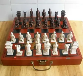 

old Chinese 32 pieces chess set/box/Xian Terracota Warrior Statue wholesale factory Bronze Arts outlets (0405)