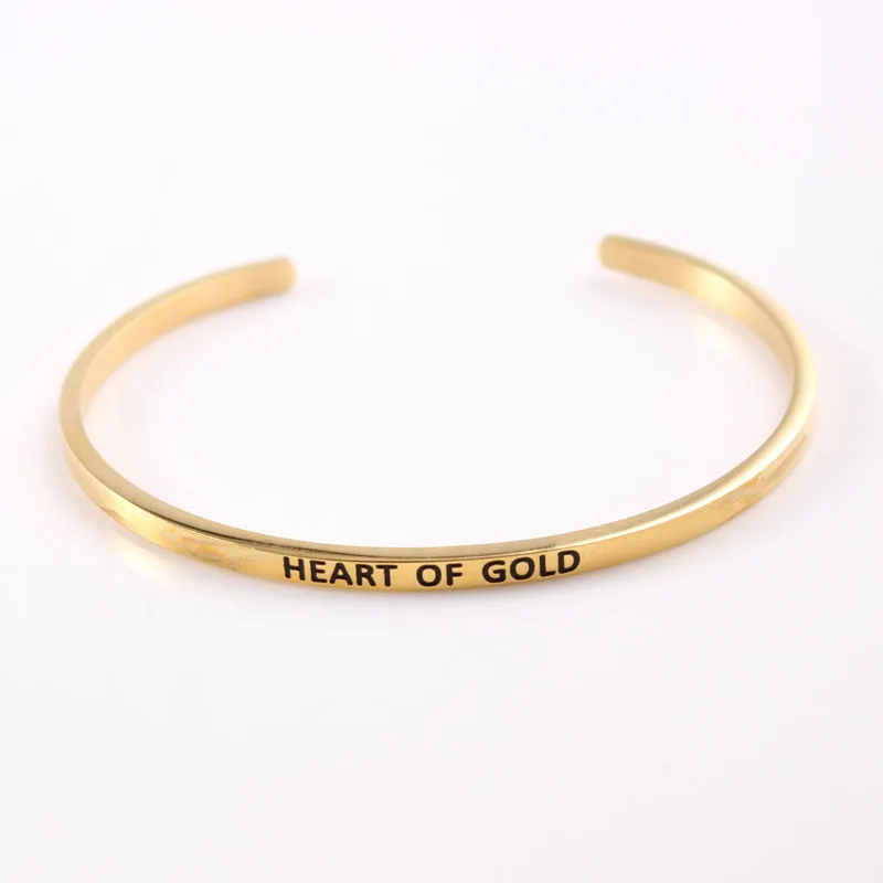 

Engraved "Heart of gold" Positive Inspirational Bracelet 316L Stainless Steel Mantra Bangle for Women Fashion Jewelry