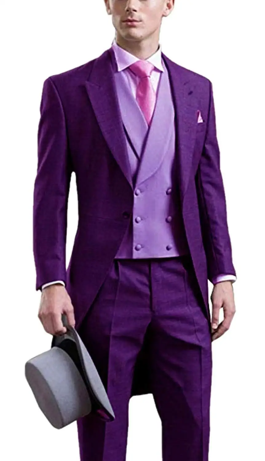 Модный мужской желтый костюм из 3 предметов, классический Дизайнерский Костюм, приталенная шаль с отворотом, смокинги с хвостом, вечерние(Блейзер+ жилет+ брюки - Цвет: Purple