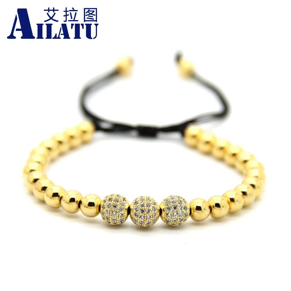 

Ailatu 6mm Copper Beads with 8mm Plated Pave CZ Ball Jewelry Braided Bracelet For Men & Girls