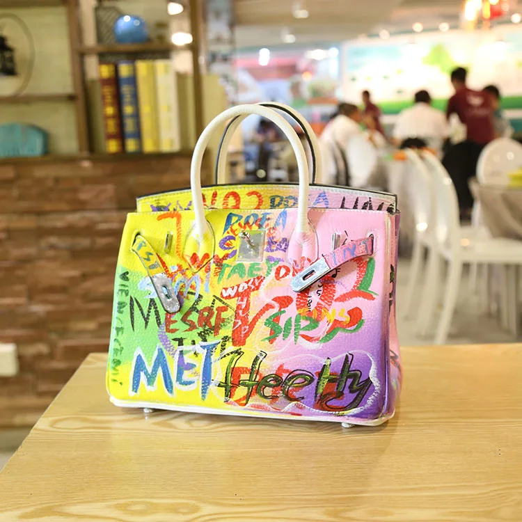 

2016 HIgh Quality Handmade graffiti Europe America Colorful handmade platinum package buckle handbags leather hand shoulder bag