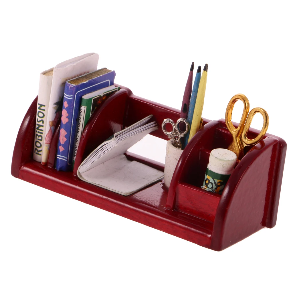 1/12 Dollhouse Miniature Furniture Book Shelf Study Table Storage Wood Color Doll House Accessory for Kids Toys Birthday Gift