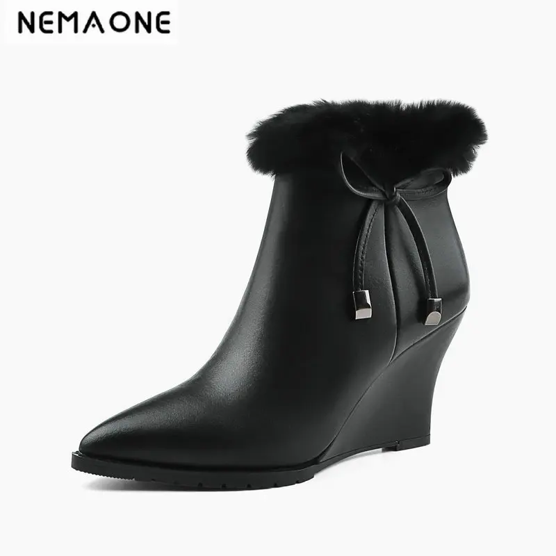 

NEMAONE Genuine leather wedges Women ankle Boots high Heeled shoes woman Winter warm Ladies party wedding dress shoes Woman