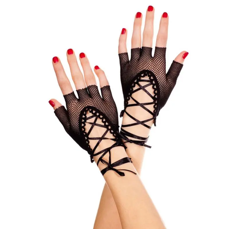 Женские сексуальные перчатки длиной до запястья с полупальцами, одноцветные ажурные перчатки с перекрещивающимися ремешками на шнуровке, Вечерние перчатки для танцев W77