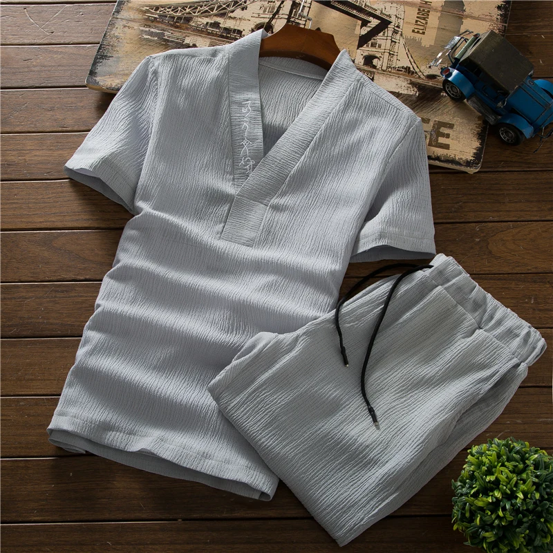  Summer Mens V-neck tshirt and Drawstring Shorts Pure Color Embroidered Casual Movement Sets S-5XL