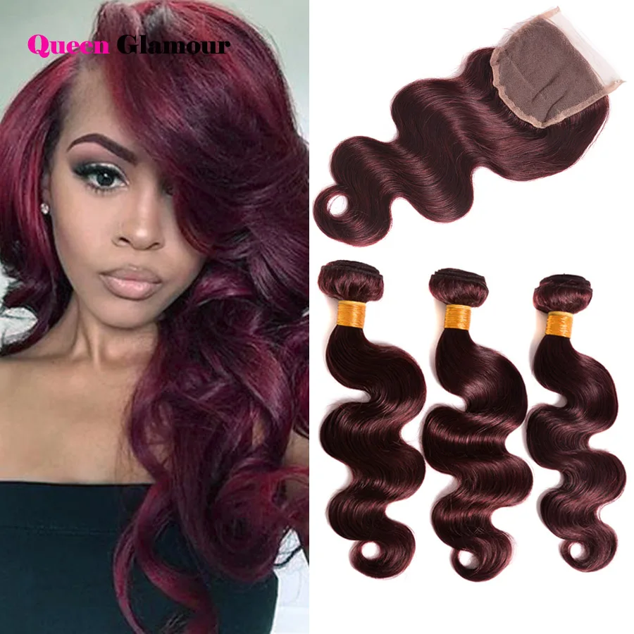 

99J Red Lace Closure With Bundles 7A Mink Brazilian Body Wave With Closure 3 Bundles Brazilian Virgin Hair With Closure Deals