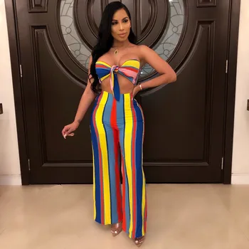 

2019 Summer Fashion Striped Sleeveless Strapless Off Shoulder Short Tops Tow Piece Outfits Sexy Loose Pants