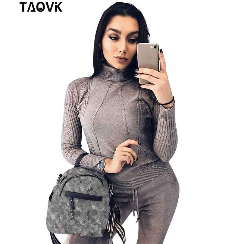Cheap TAOVK Soft Knitted Suits warm sweater suit Women s Twist knitting turtleneck sweater top and pants Loose Style tracksuit ropa