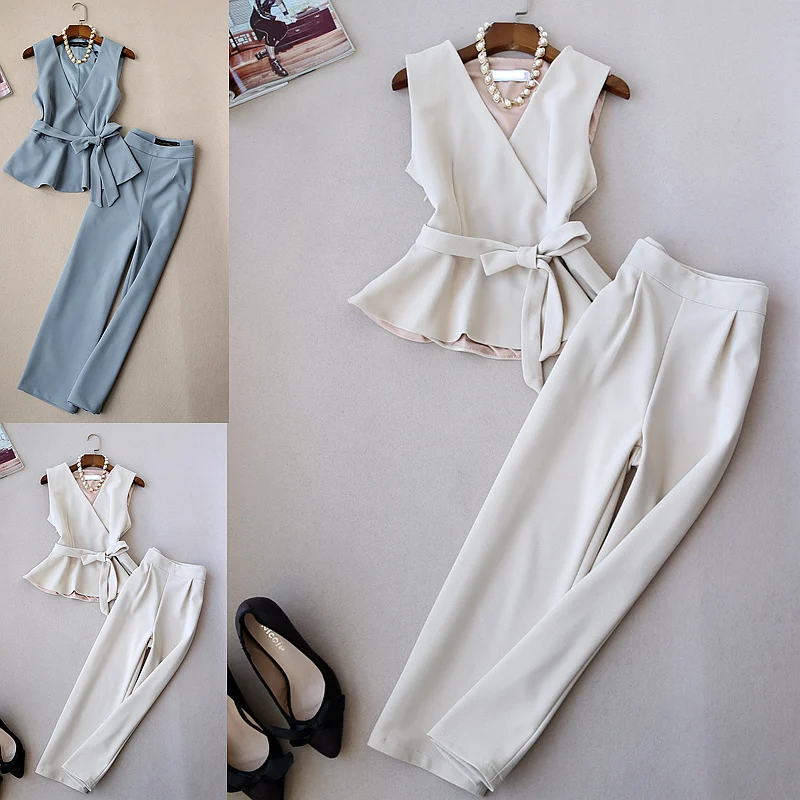 Весенне-летний модный женский топ с v-образным вырезом и бантом на талии и широкие штаны, комплект одежды, OL комплект