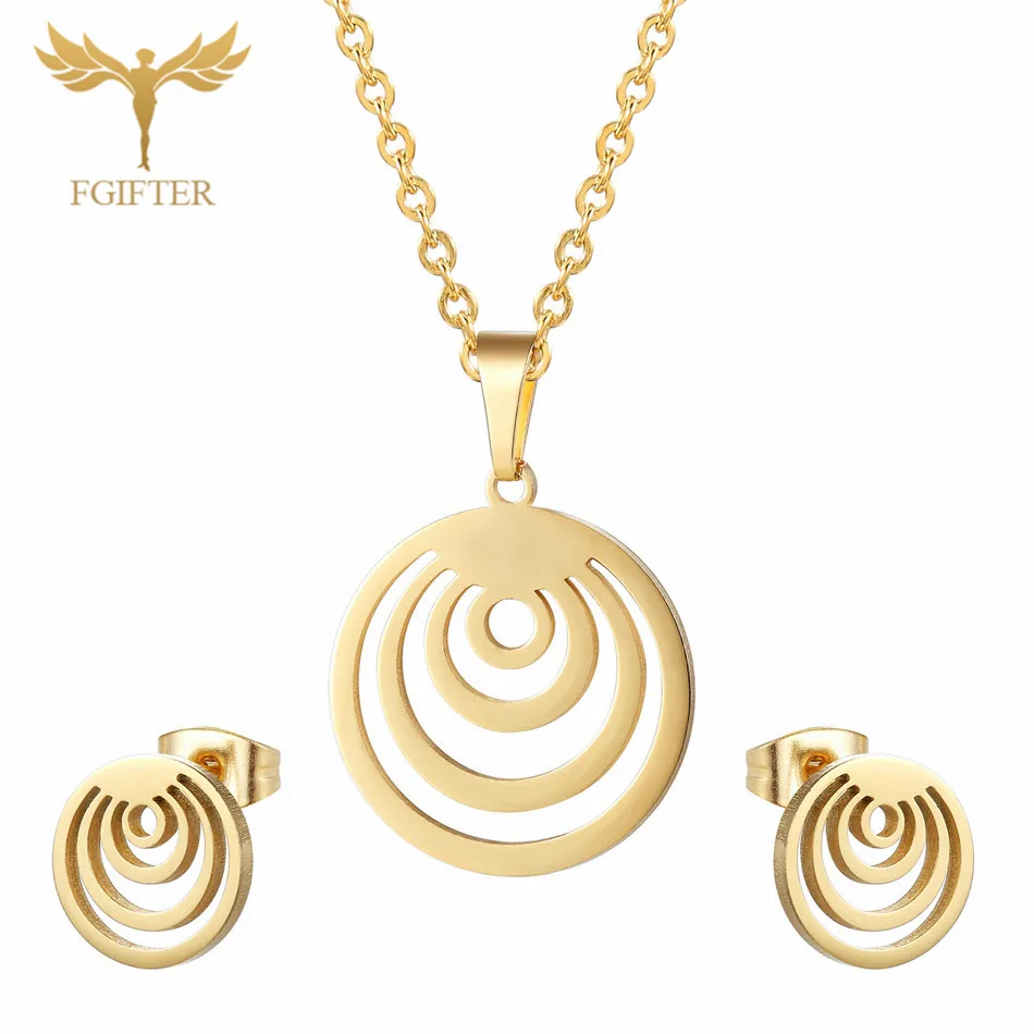 

FGifter Gold Color Stainless Steel Jewelry Set High Quality Round Pendant Earrings Sets For Women Girls
