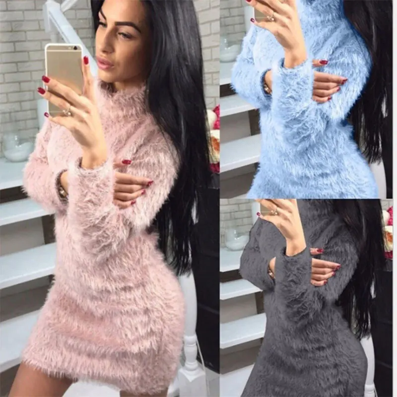 

Autumn Winter Warm Knitted Dress Women Explosive Hairy New Style High Neck Long Sleevel Casual Mini Bodycon Sweater Dress