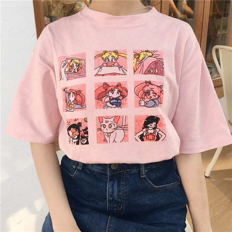 

Kawaii T Shirt Women Tops Harajuku Sweet Print Sailor Moon Loose Short Sleeve Casual Plus Size Tee Shirt Femme 2019 Summer White