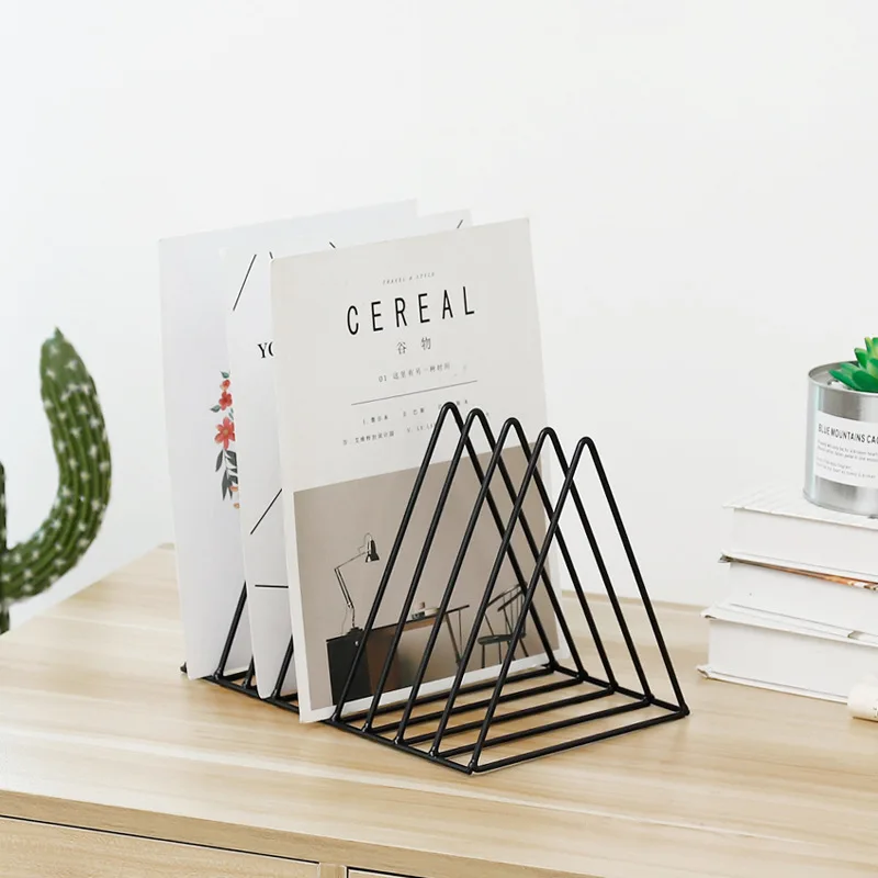 

Chic Black Geometry Metal Bookshelf Scandinavian Desktop Newspapers Magazines Storage Rack Ins White Creative Paper Holder