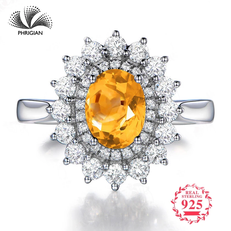 

NOT FAKE Fine natural Engraving Sterling silver gemstone oval cut ring Women custom jewelry 925 carat Citrine RING