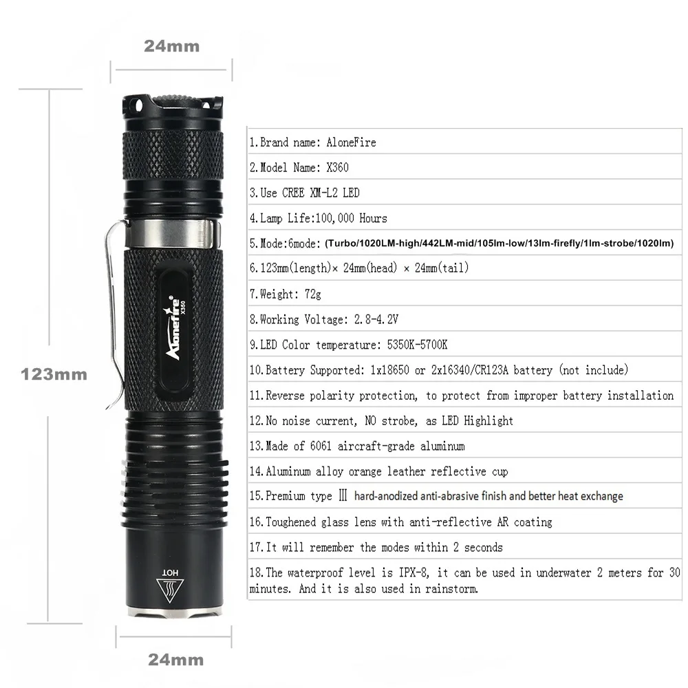 Alonefire X350 Водонепроницаемый 6 режимов 1020lm XM-L2 светодиодные лампы фонарик факел для кемпинга открытый + 18650 + зарядное USB зарядное устройство
