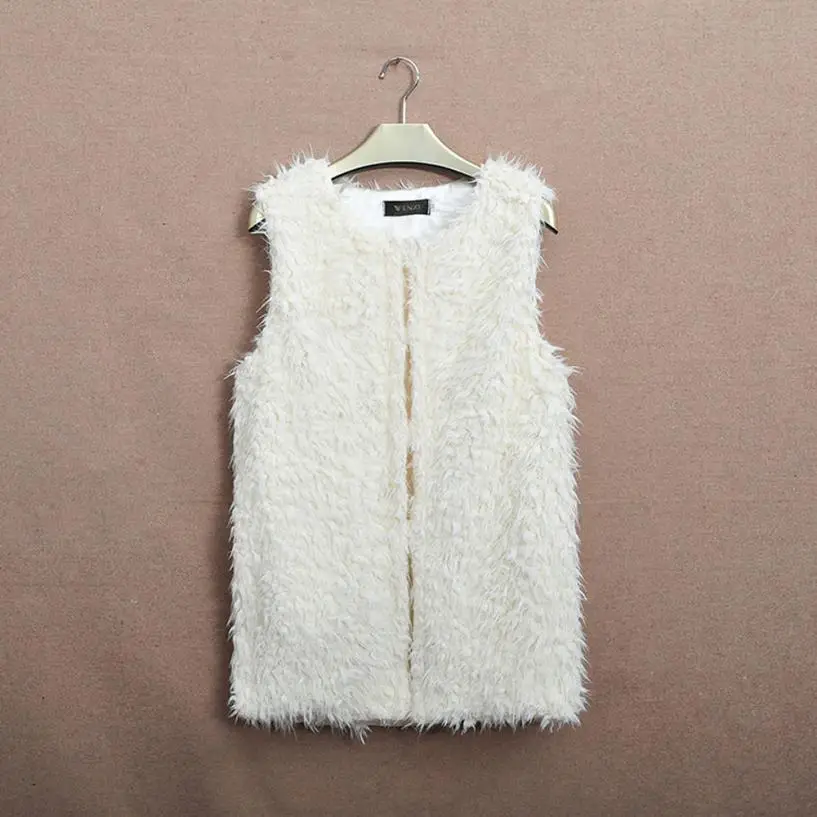 Winter Womens White Sleeveless Vest Faux Fur Slim Vest Coat Female Long Waistcoat Outwear Jacket Waistcoat