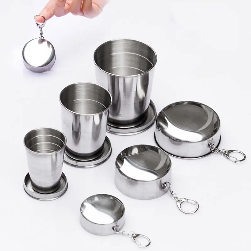 

75/140/240ml Stainless Steel Flexible Folding Cup Ourdoor Travel Camping Cup With Keychain Portable Foldable Drinkware