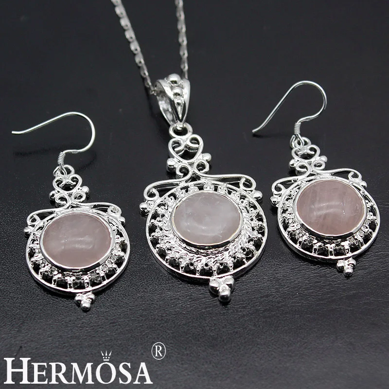 

Natural Pink Rosy Quartz Precious Stones Jewelry Sets 925 Sterling Silver Earrings Pendant Necklace Sweetie Set For Women BG-48
