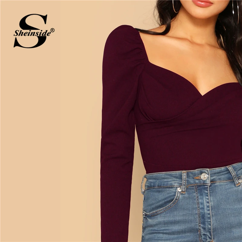  Sheinside Elegant Blouses Women Zip Back Puff Sleeve Form Fitted Wrap Sweetheart Top Female Long Sl