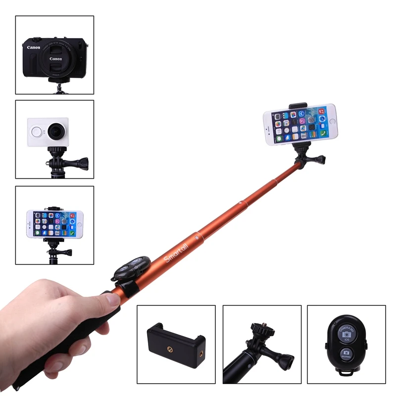Smartall самостоятельно Наборы: затвора Bluetooth Камера+ 3" Gopro монопод палка для селфи для samsung S7 Edge NOTE S6 C5 Neo S4/для LG G4 G3 G2 - Цвет: Orange Stick Kits
