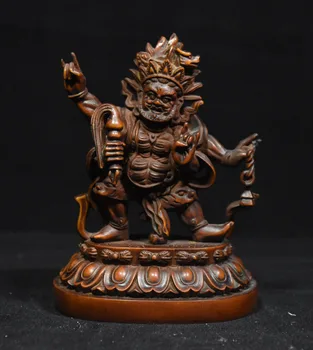 

12CM Chinese Buddhism Boxwood Wood Carved Mahakala Wrathful Deity Buddha Statue