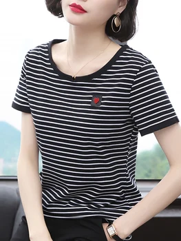 

Blue-and-white striped T-shirt Women's 2020 New Summer Loose Harbor Wind-blown T-shirt Women's Short-sleeved Cotton Half-sleeve