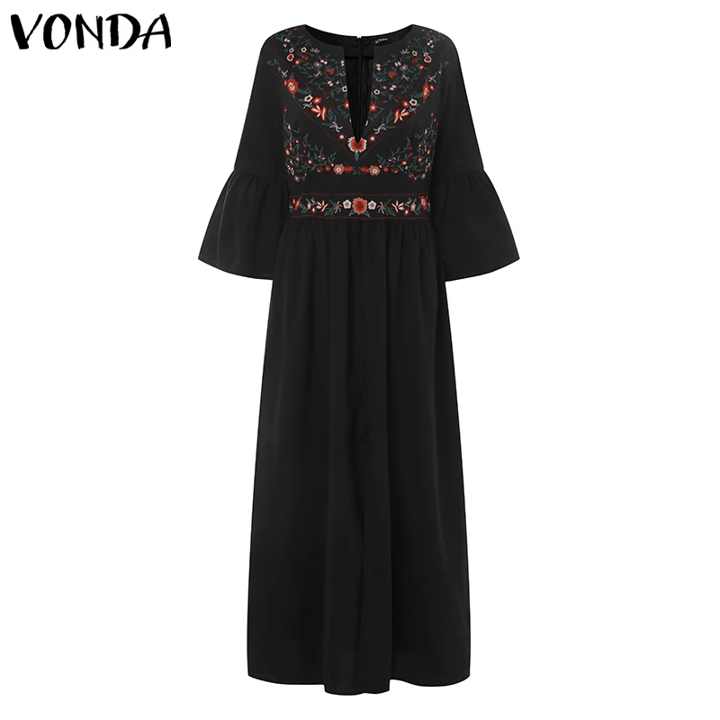 VONDA, женское богемное Платье с принтом, сексуальное, v-образный вырез, рукав с оборками, разрезное, макси платье, винтажное, повседневное, свободное, белое, Vestidos размера плюс - Цвет: Black