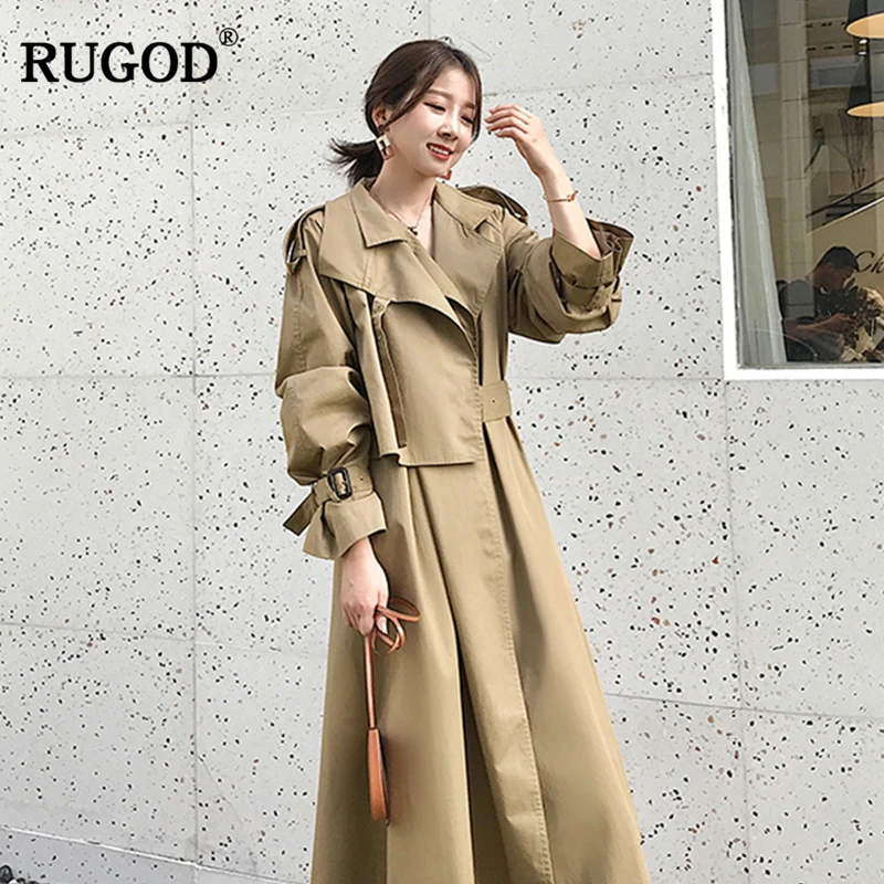 RUGOD, винтажное модное женское пальто X-Long, с отложным воротником, одноцветное, с регулируемой талией, с широкой талией, тренч для женщин
