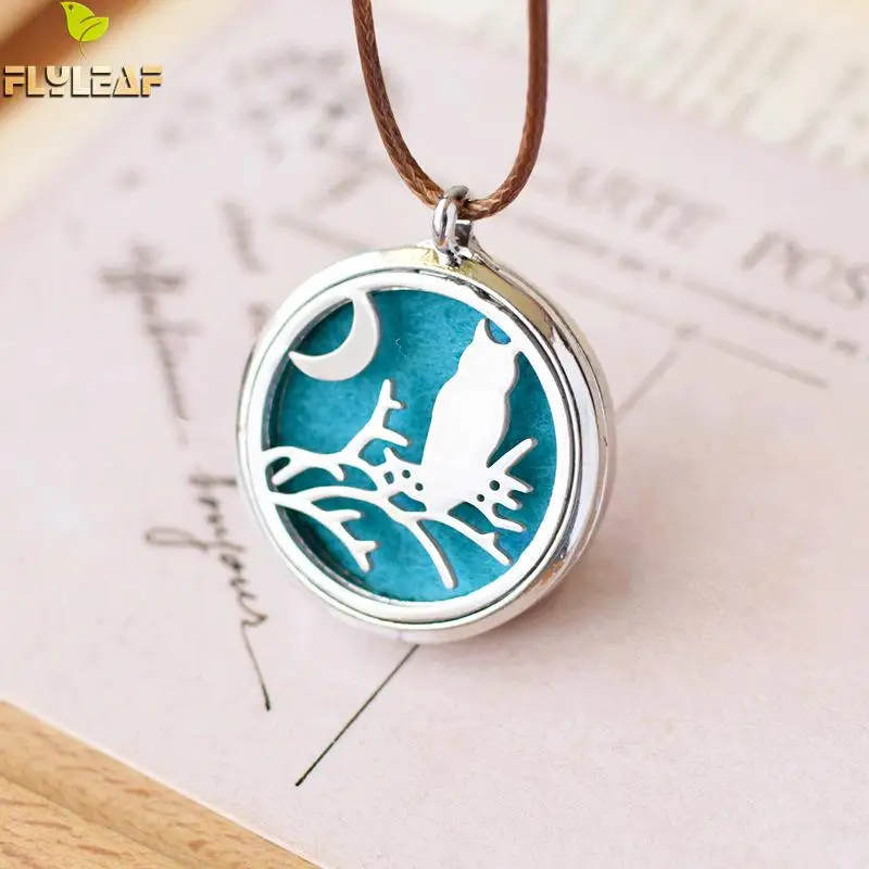 

Flyleaf Branch Owl Picture Frame Long Pendant Necklaces For Women Stainless Steel Aroma Diffuser Fashion Jewelry